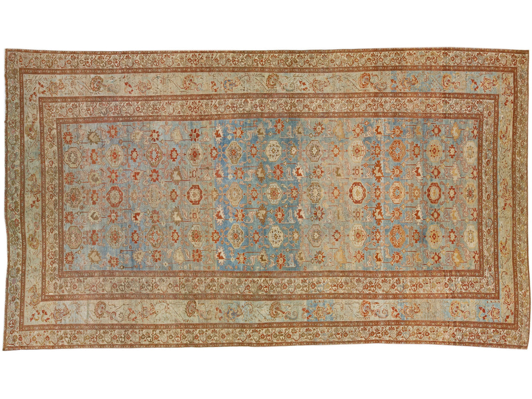 Blue Handmade Antique Persian Malayer Wool Rug With Allover Floral Design