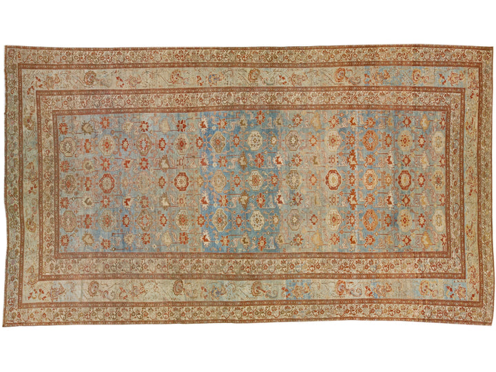 Blue Handmade Antique Persian Malayer Wool Rug With Allover Floral Design