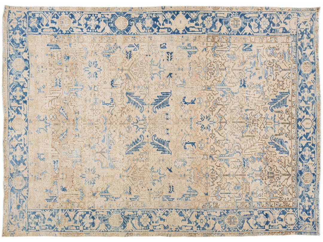 Antique Persian Heriz Beige Handmade Allover Geometric Wool Rug