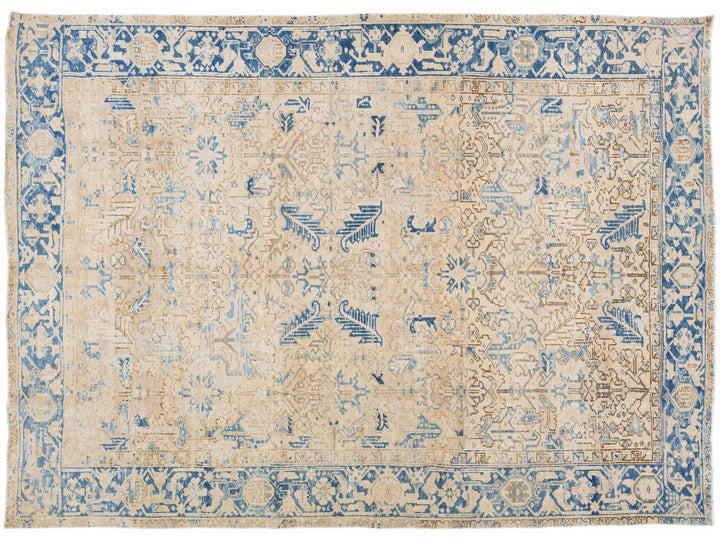 Antique Persian Heriz Beige Handmade Allover Geometric Wool Rug