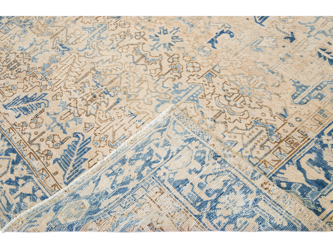 Antique Persian Heriz Beige Handmade Allover Geometric Wool Rug
