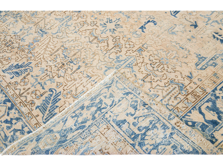 Antique Persian Heriz Beige Handmade Allover Geometric Wool Rug