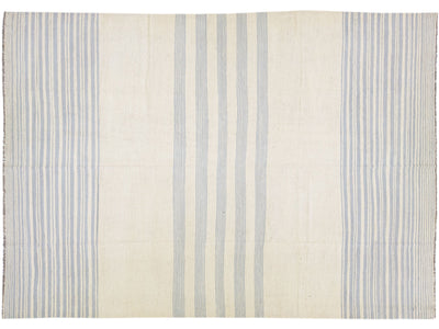 Modern Kilim Beige & Grey Flat-Weave Wool Rug with Stripe Motif