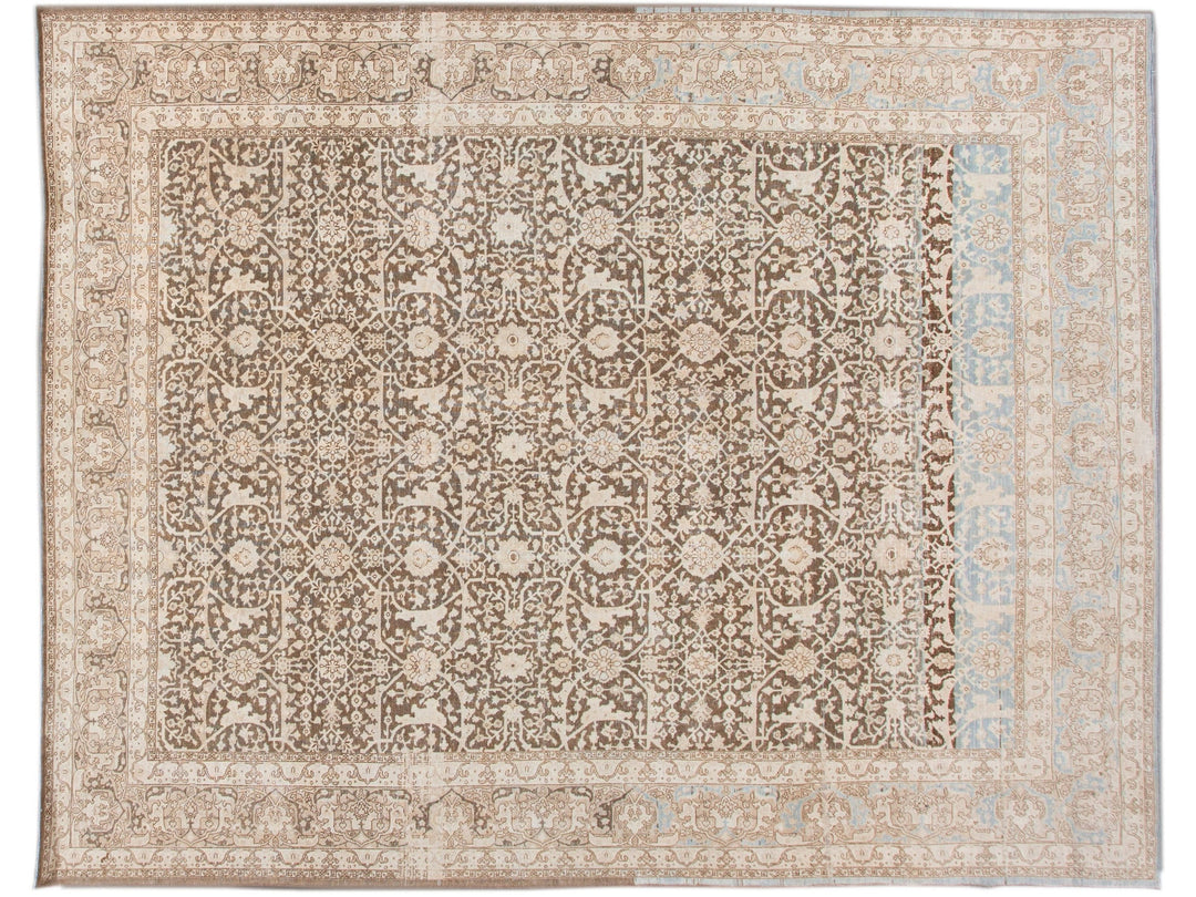 Antique Malayer Handmade Brown and Beige Floral Wool Rug
