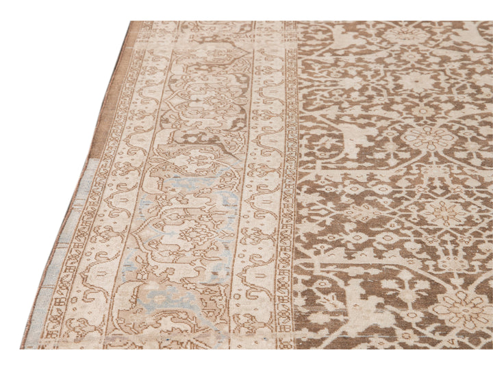 Antique Malayer Handmade Brown and Beige Floral Wool Rug