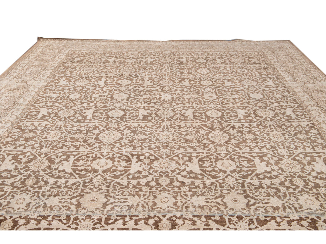 Antique Malayer Handmade Brown and Beige Floral Wool Rug