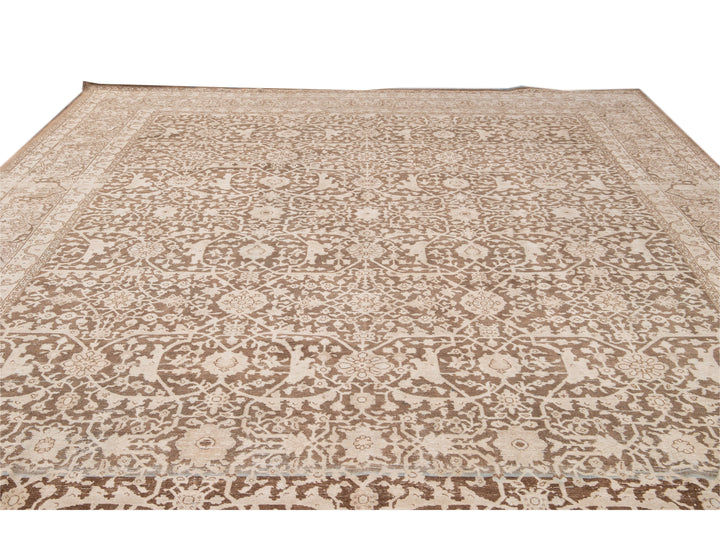 Antique Malayer Handmade Brown and Beige Floral Wool Rug