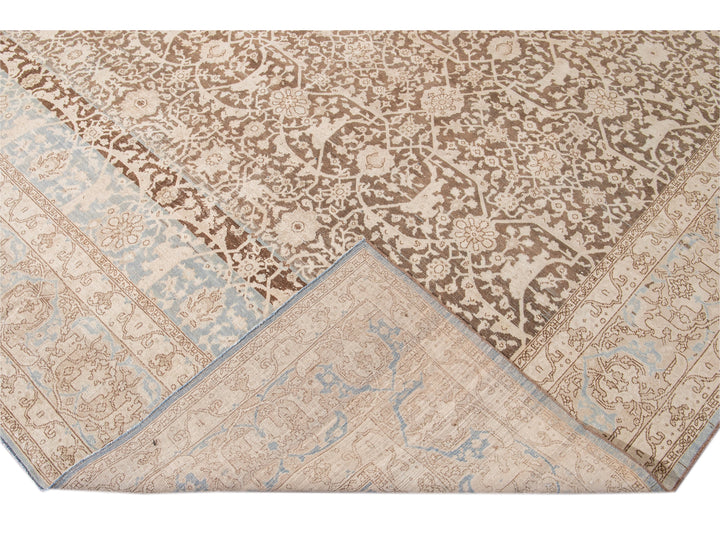 Antique Malayer Handmade Brown and Beige Floral Wool Rug