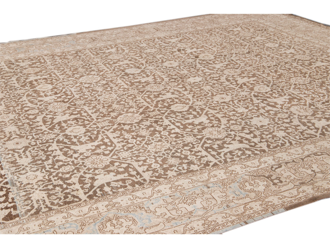 Antique Malayer Handmade Brown and Beige Floral Wool Rug