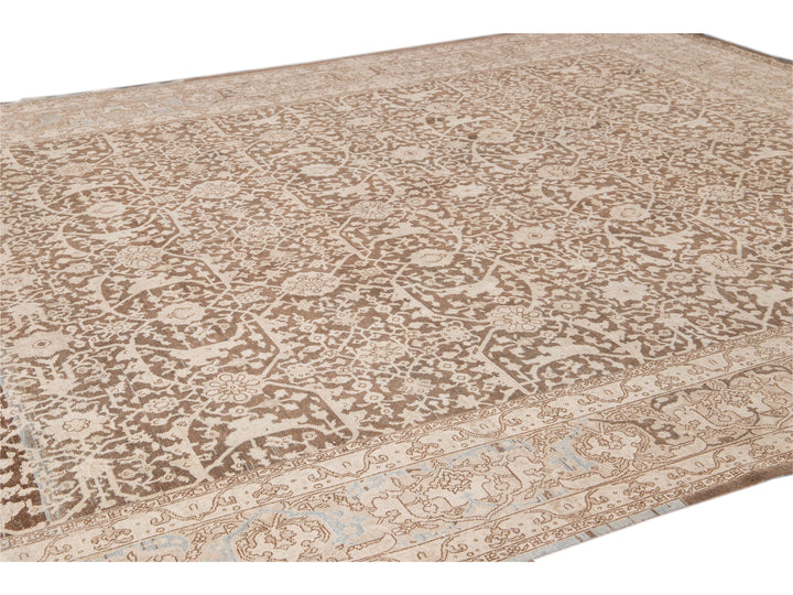 Antique Malayer Handmade Brown and Beige Floral Wool Rug