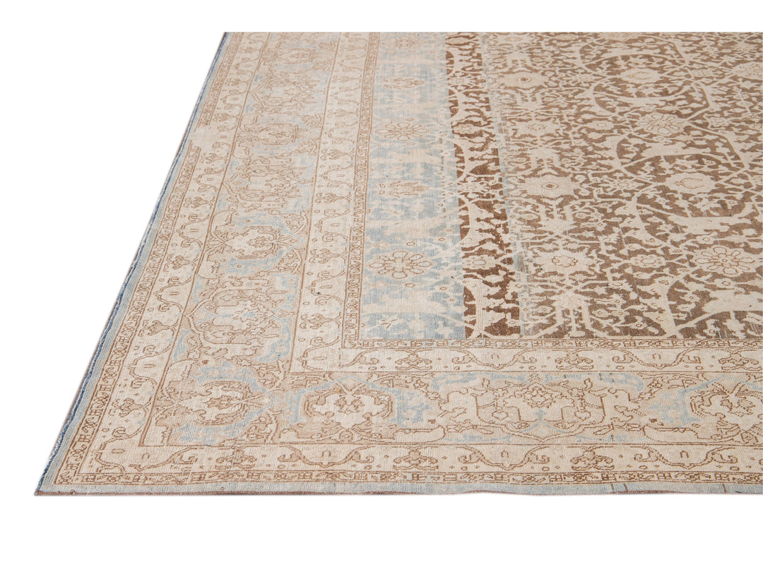 Antique Malayer Handmade Brown and Beige Floral Wool Rug