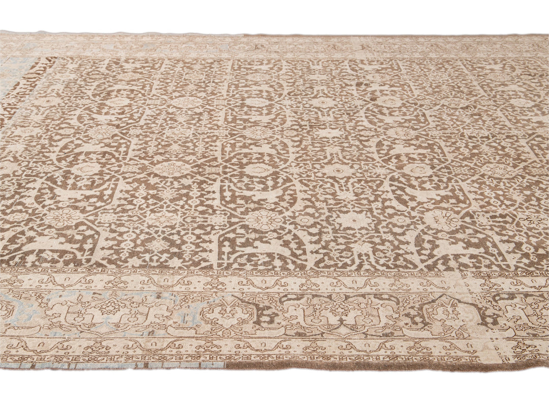 Antique Malayer Handmade Brown and Beige Floral Wool Rug