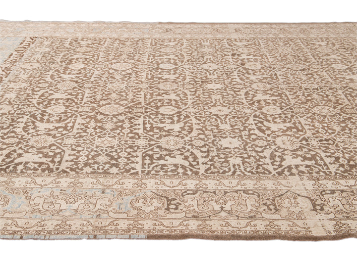Antique Malayer Handmade Brown and Beige Floral Wool Rug