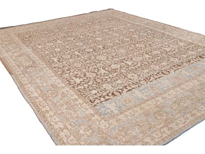 Antique Malayer Handmade Brown and Beige Floral Wool Rug