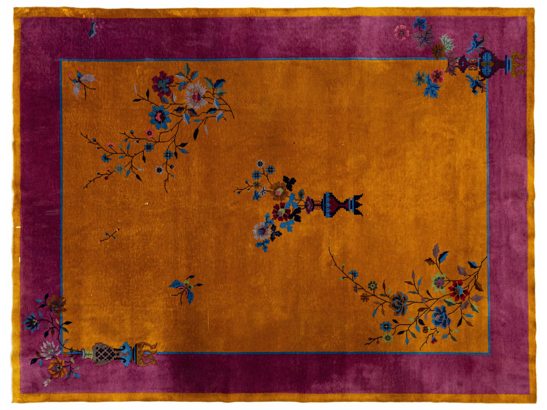 Antique Chinese Art Deco Handmade Floral Goldenrod Wool Rug