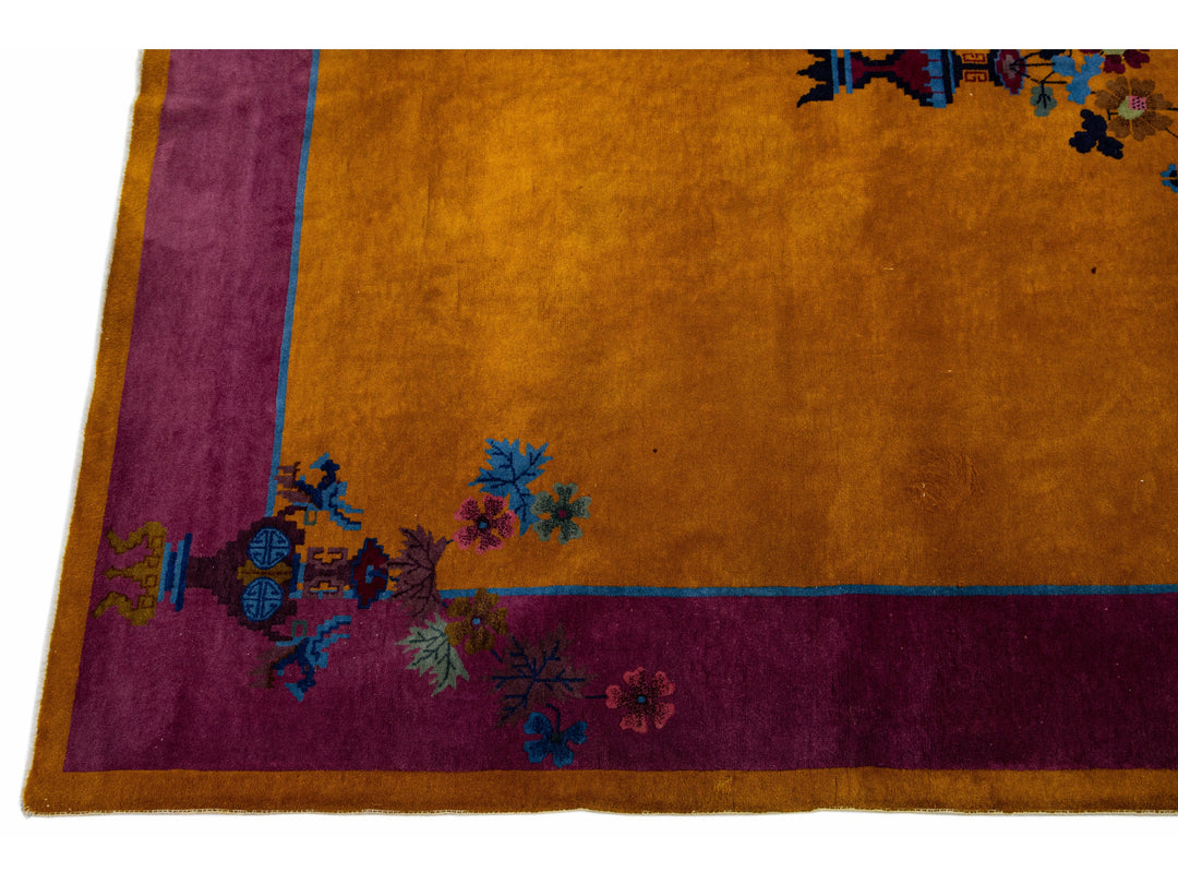 Antique Chinese Art Deco Handmade Floral Goldenrod Wool Rug