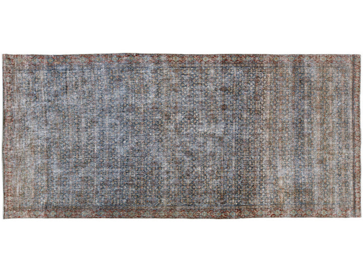 Antique Malayer Handmade Allover Floral Pattern Blue Wool Runner