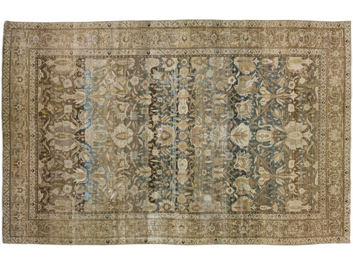 Oversize Antique Persian Heriz Handmade Floral Blue and Brown Wool Rug