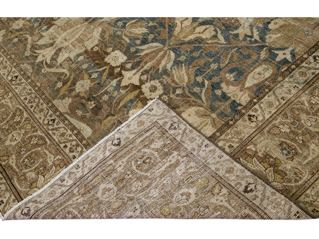 Oversize Antique Persian Heriz Handmade Floral Blue and Brown Wool Rug