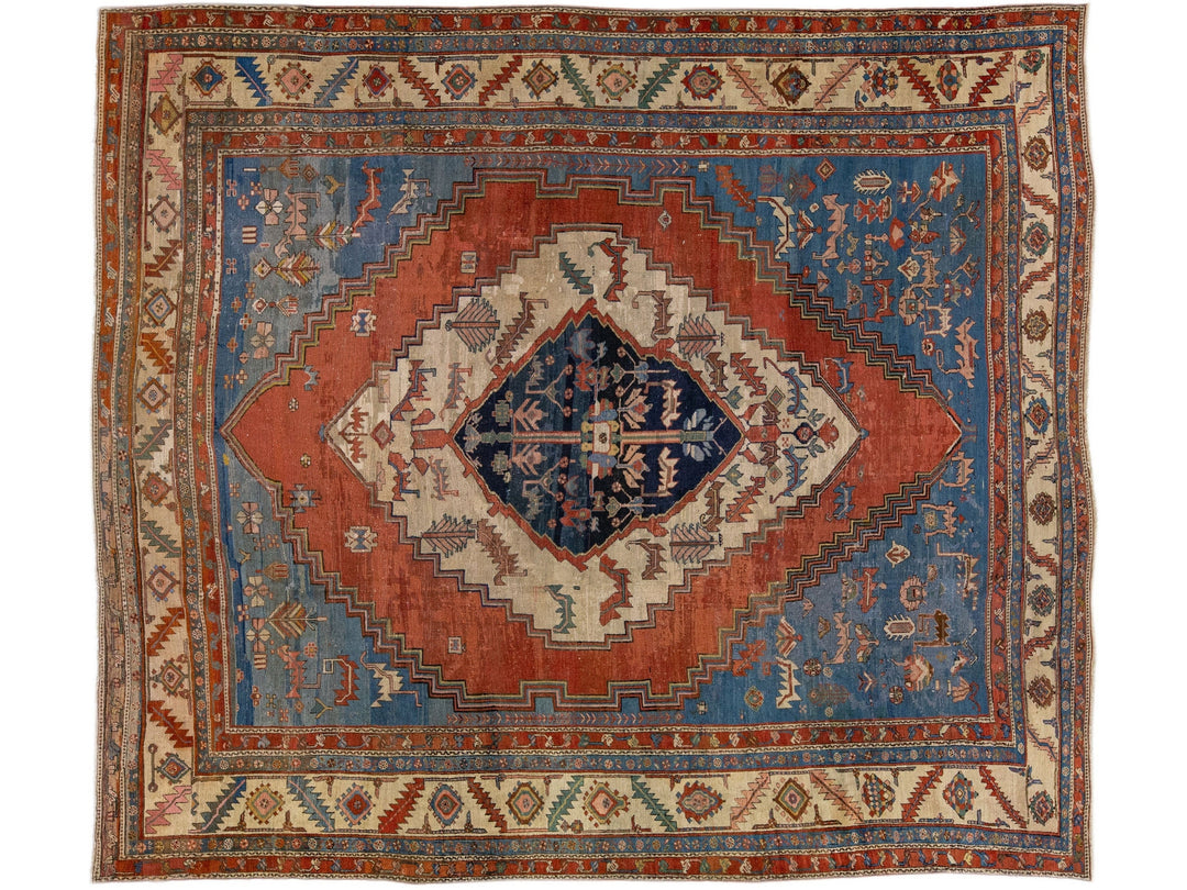 Blue Antique Bakshaish Persian Handmade Wool Rug With Medallion Motif