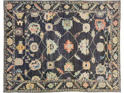Modern Oushak Charcoal Handmade Turkish Wool Rug With Multicolor Floral Design