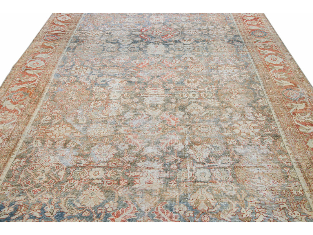 Antique Blue Mahal Handmade Floral Pattern Persian Wool Rug