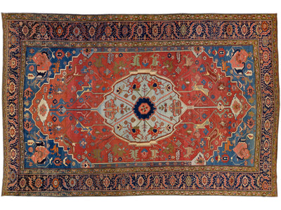 Antique Persian Serapi Red & Blue Handmade Wool Rug with Medallion Motif