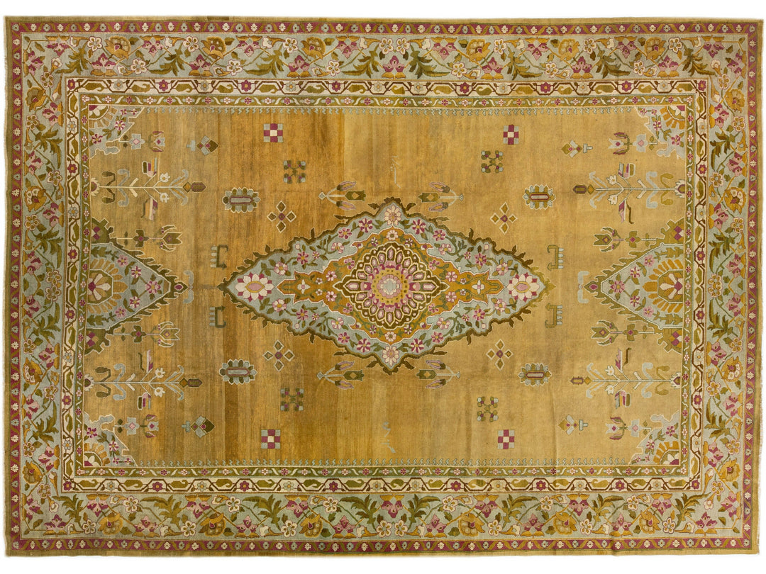 Antique Indian Agra Handmade Goldenrod Wool Rug With Medallion Design.