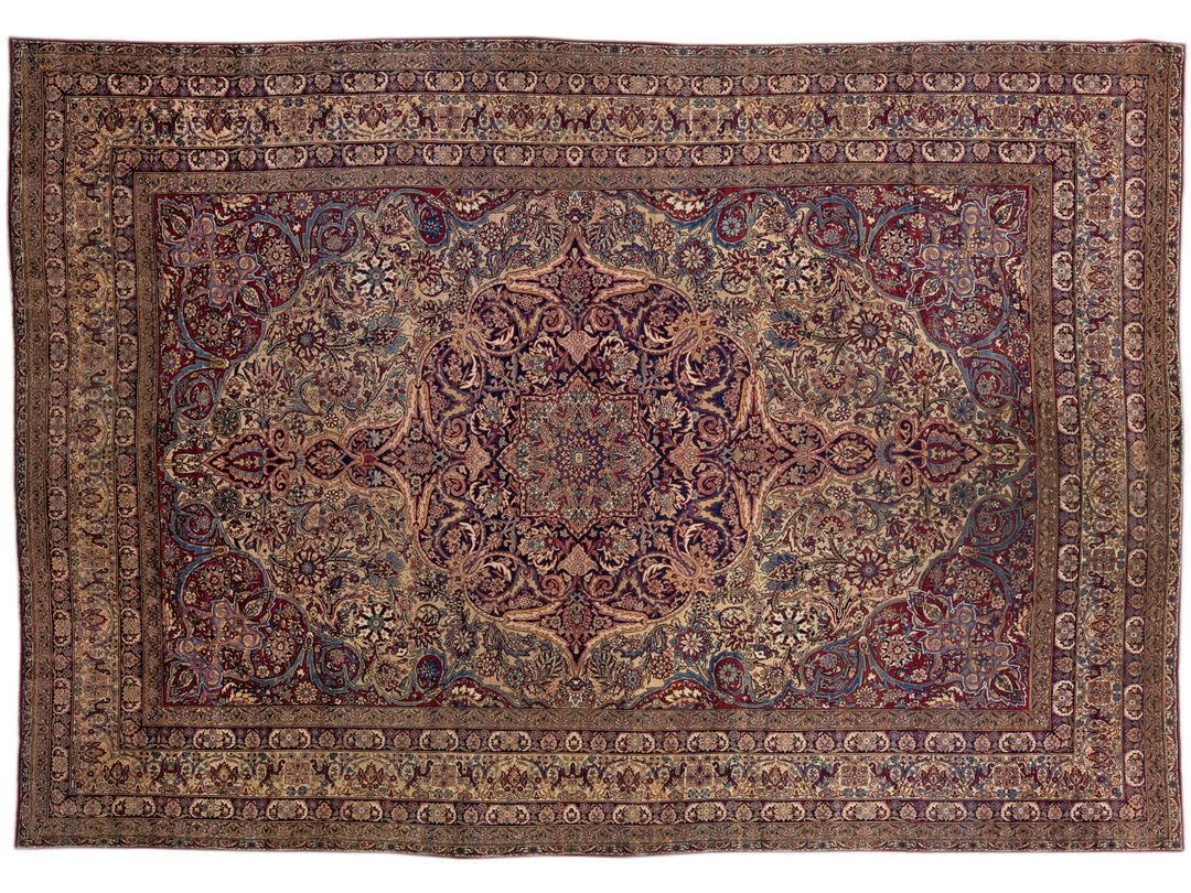 Multicolor Antique Persian Kerman Handmade Allover Wool Rug