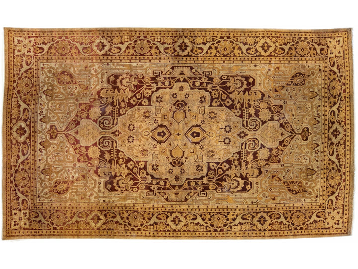 Antique Indian Agra Tan Handmade Allover Designed Wool Rug