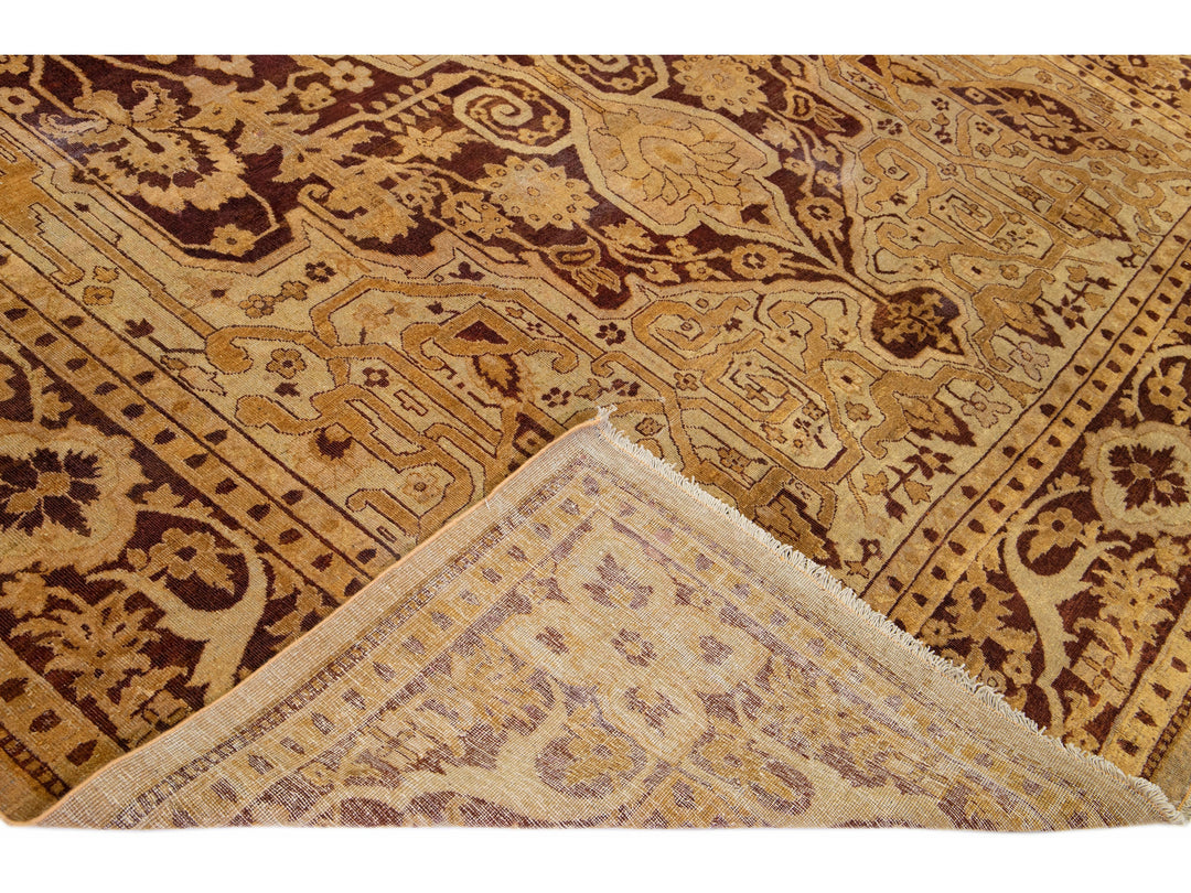 Antique Indian Agra Tan Handmade Allover Designed Wool Rug