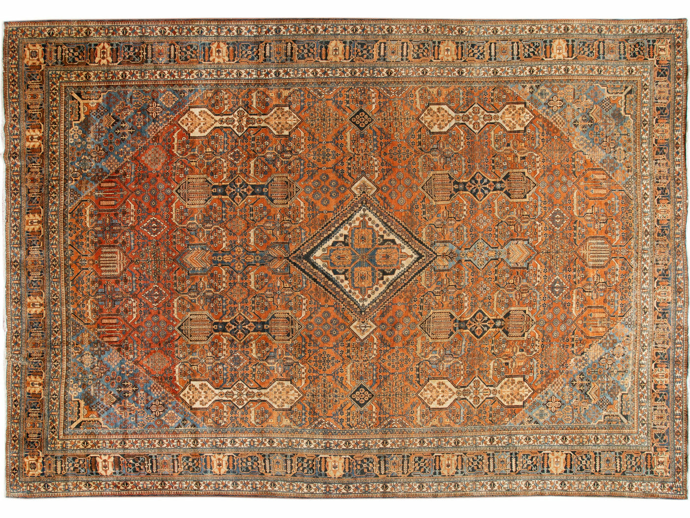 Antique Persian Josheghan Orange Handmade Oversize Wool Rug with Medallion Motif