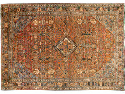 Antique Persian Josheghan Orange Handmade Oversize Wool Rug with Medallion Motif