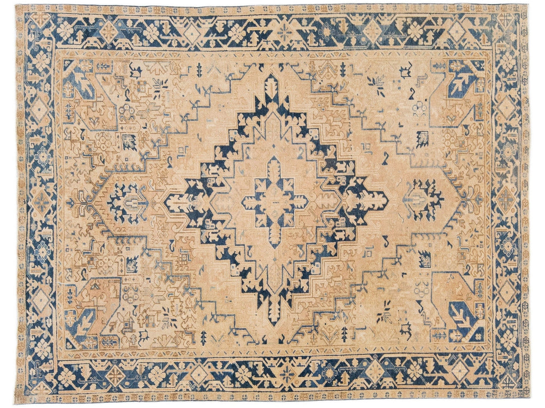 Tan Antique Persian Heriz Handmade Wool Rug with Medallion Design