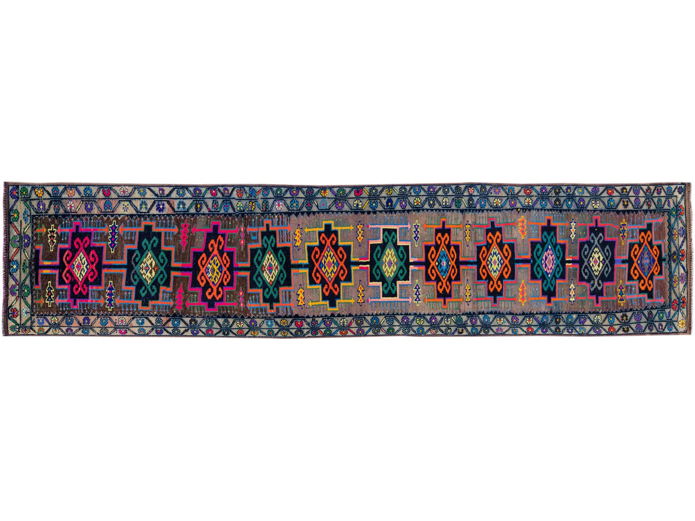 Vintage Turkish Handmade Wool Runner with Multicolor Tribal Motif