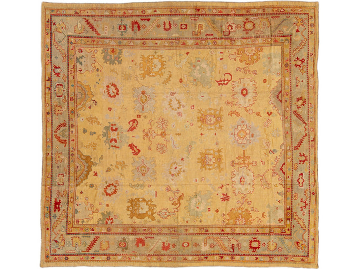 Antique Turkish Oushak Goldenrod Handmade Square Wool Rug