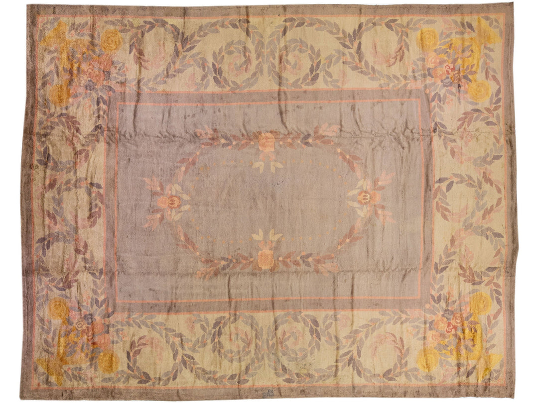 Vintage English Donegal Handmade Gray & Tan Designed Wool Rug