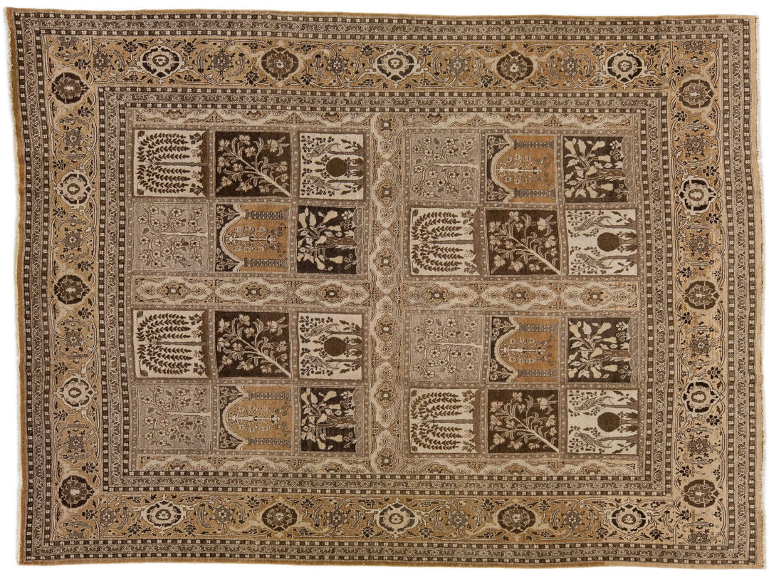 Brown Antique Persian Tabriz Handmade Wool Rug With Allover Design
