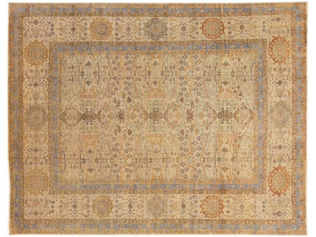 Beige Modern Indian Handmade Floral Designed Wool Rug