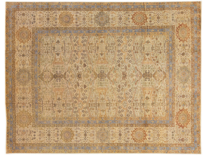 Beige Modern Indian Handmade Floral Designed Wool Rug