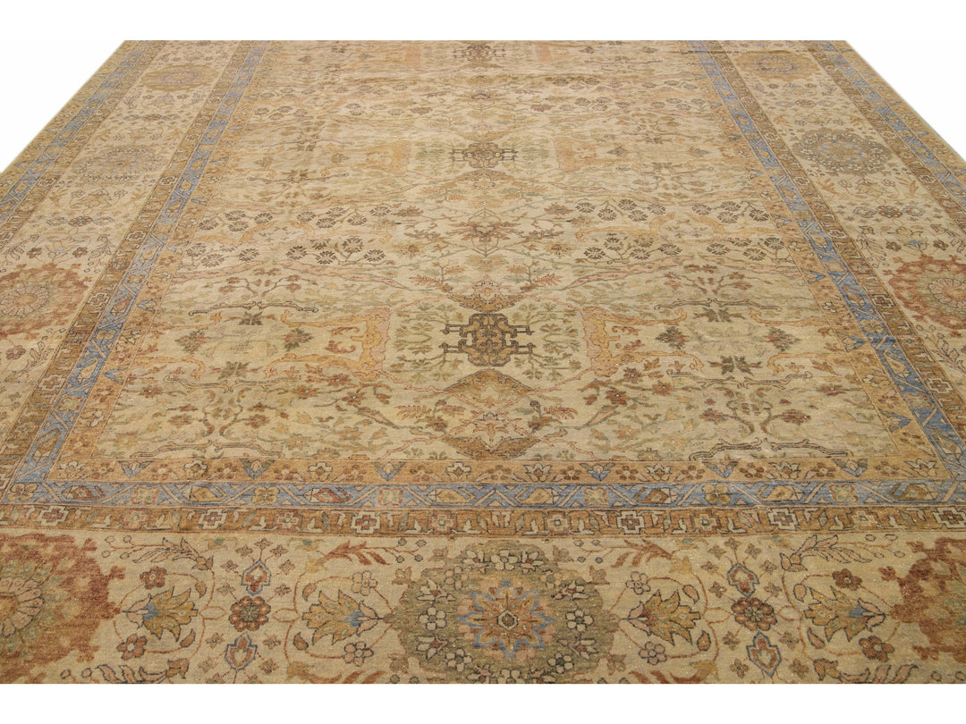 Beige Modern Indian Handmade Floral Designed Wool Rug