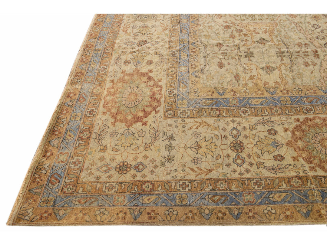 Beige Modern Indian Handmade Floral Designed Wool Rug