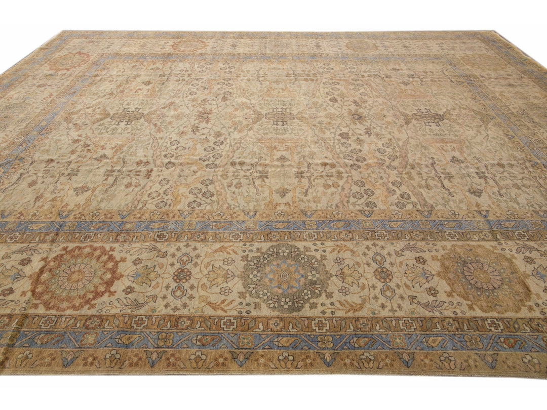 Beige Modern Indian Handmade Floral Designed Wool Rug
