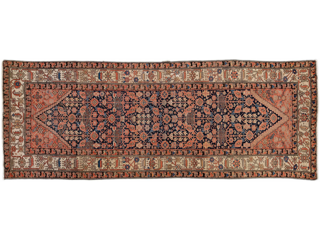 Antique Malayer Handmade Allover Motif Blue and Rust Wool Runner