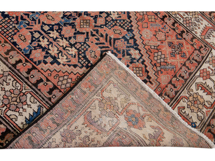 Antique Malayer Handmade Allover Motif Blue and Rust Wool Runner