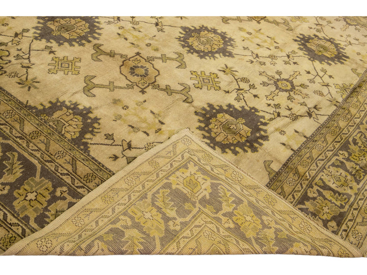 19th-Century Antique Turkish Oushak Beige Floral Wool Rug