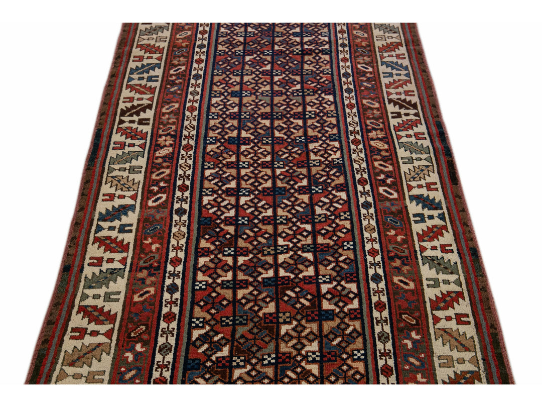 Antique Persian Kurdish Handmade Allover Geometric Wool Runner
