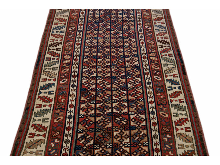 Antique Persian Kurdish Handmade Allover Geometric Wool Runner