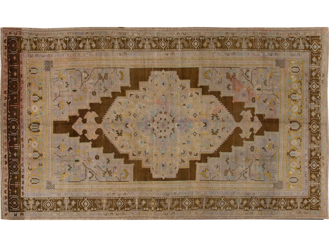 Antique Khotan Handmade Medallion Floral Motif Tan Room Size Wool Rug