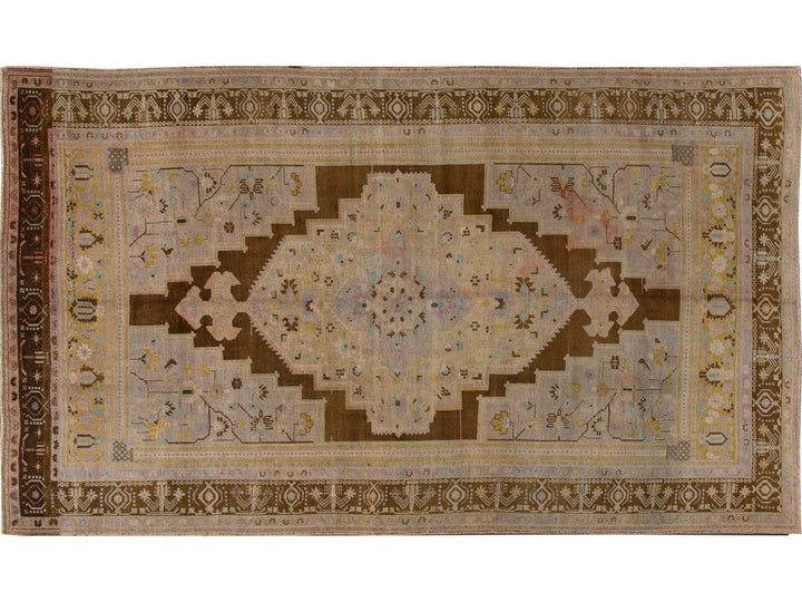Antique Khotan Handmade Medallion Floral Motif Tan Room Size Wool Rug